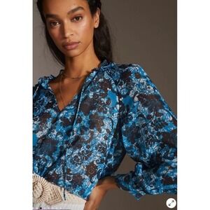 Anthropologie Blue Floral Chiffon Long Sleeve Sheer Peasant‎ Blouse Size Medium